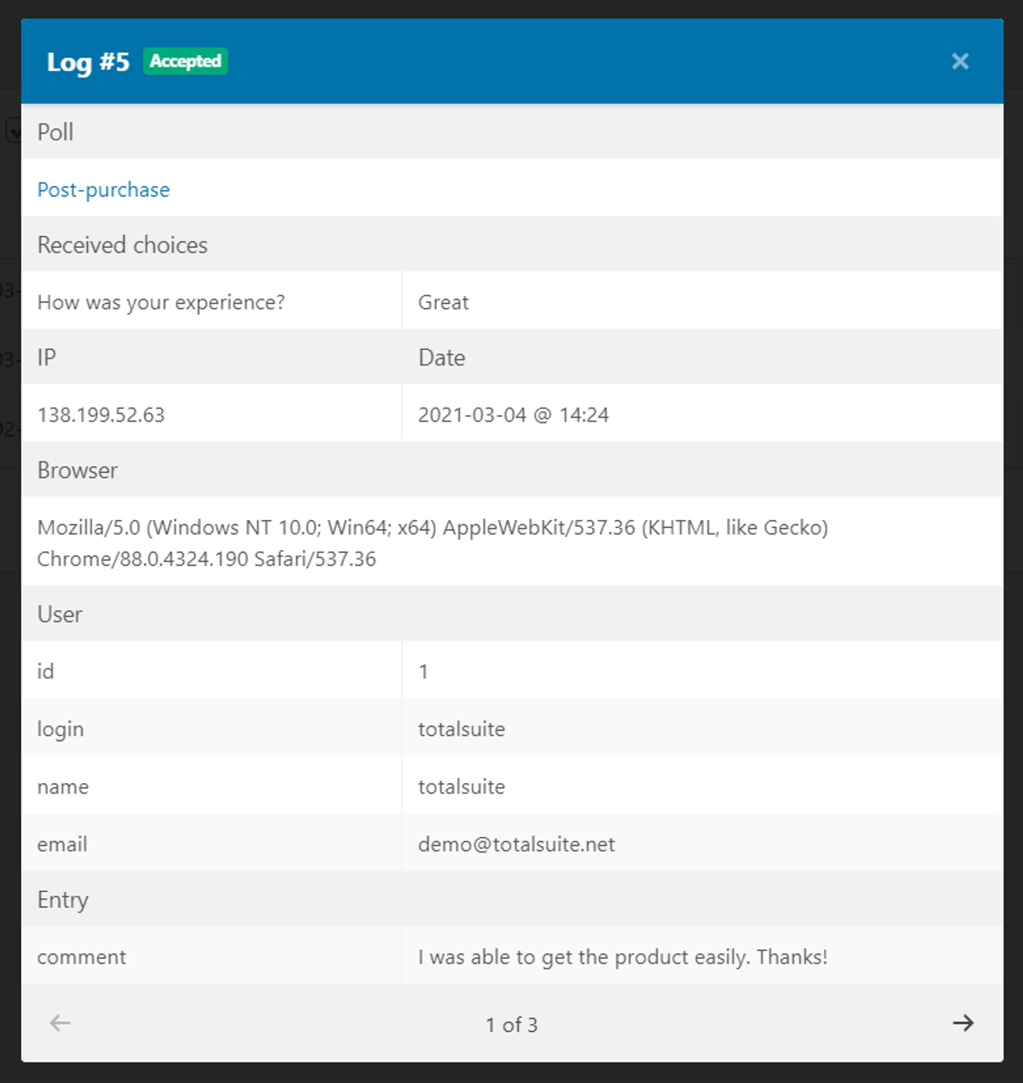 analyze each response with the totalpoll log